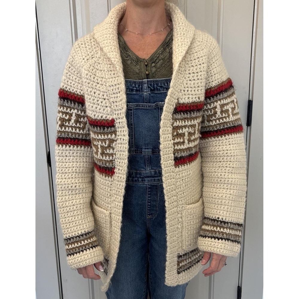 VTG HandKnit Cardigan Sweater 1970S Vibe Cottagecore Grandmacore Boho Pockets LG - Picture 9 of 11